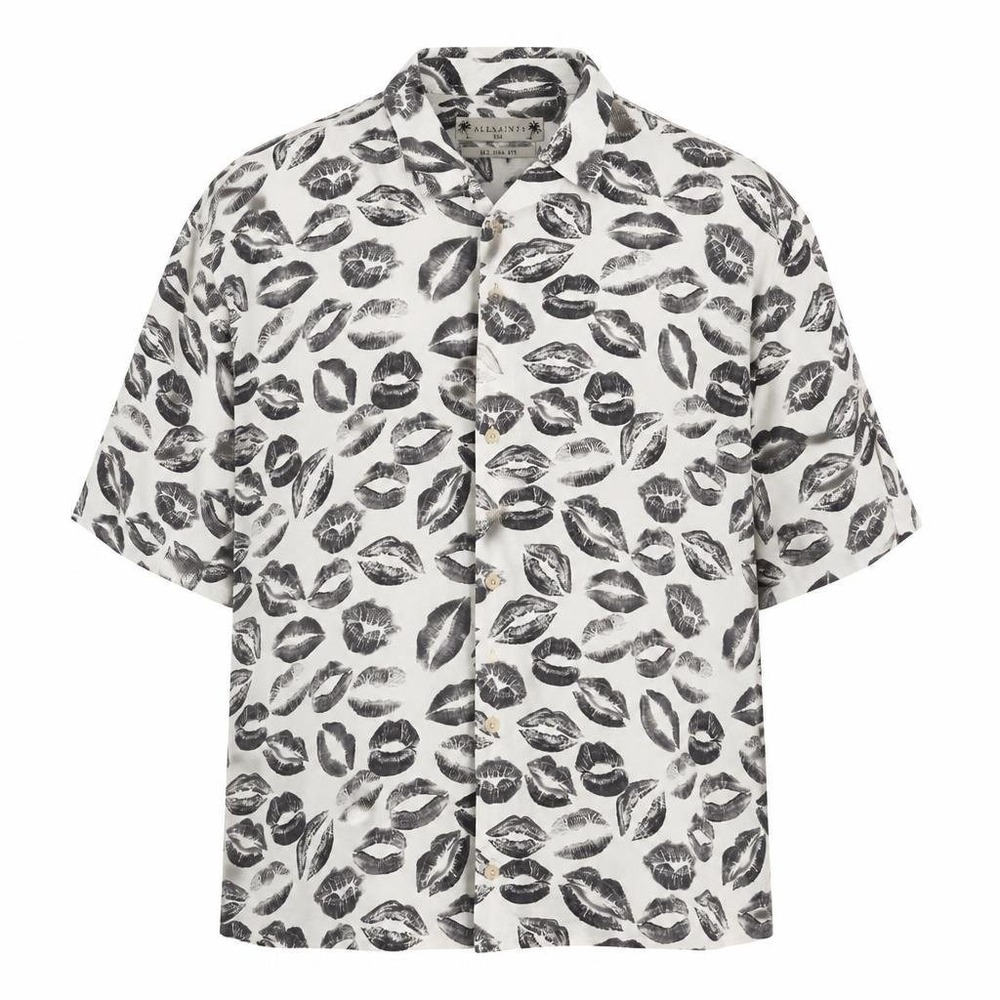 AllSaints Shirt Mens XXL White Lip Print S/S Kiss Loop Camp Collar Cruise Grunge